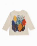 Boys' cream long-sleeve T-shirt with tree print and decorative phrase. Boys' cream long-sleeve T-shirt with tree print and decorative phrase.