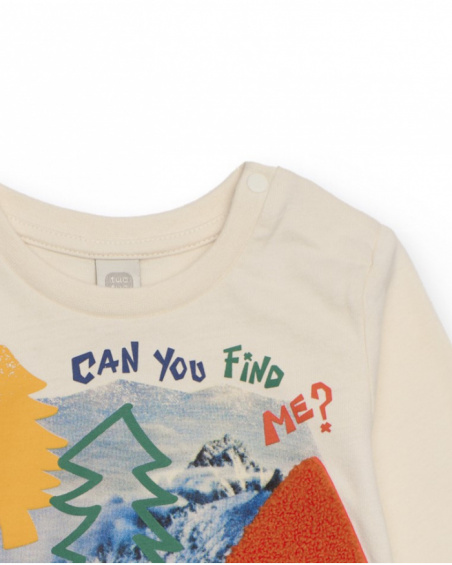 Boys' cream long-sleeve T-shirt with tree print and decorative phrase.