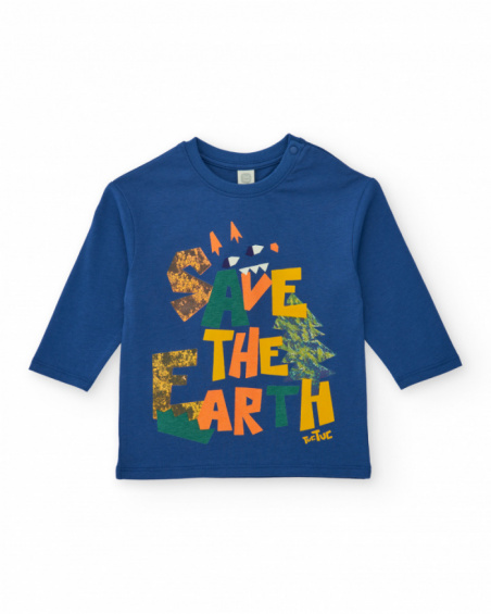 Boys' cream long-sleeve T-shirt with tree print and decorative phrase. (repeated)