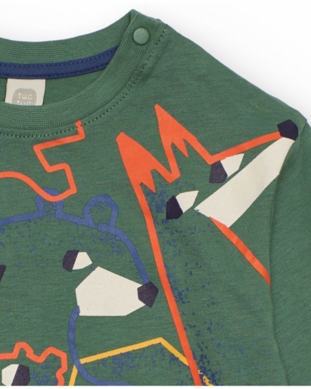 Boys' green long-sleeve T-shirt with geometric bear print.