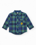 Boys' flannel shirt with blue and green checks and tree patch detail. Boys' flannel shirt with blue and green checks and tree patch detail.