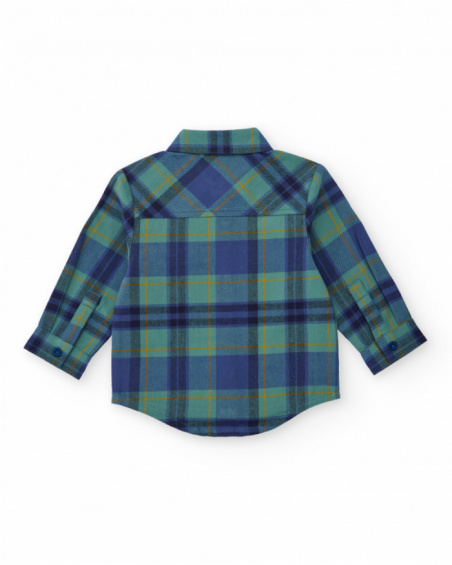 Boys' flannel shirt with blue and green checks and tree patch detail.