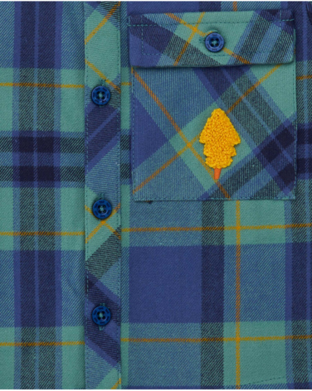 Boys' flannel shirt with blue and green checks and tree patch detail.