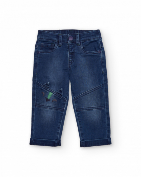 Boys' blue denim pants with dinosaur embroidery. Boys' blue denim pants with dinosaur embroidery.