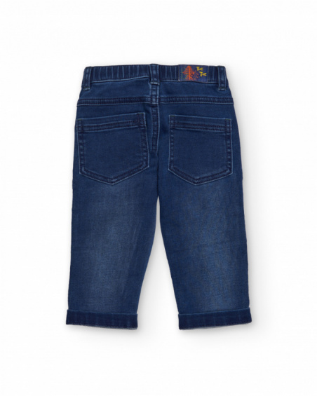 Boys' blue denim pants with dinosaur embroidery. Boys' blue denim pants with dinosaur embroidery.