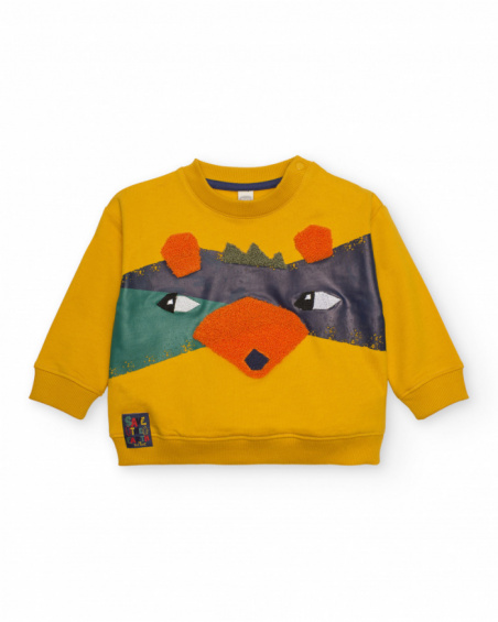 Boys' mustard fleece sweatshirt with embossed dinosaur design.