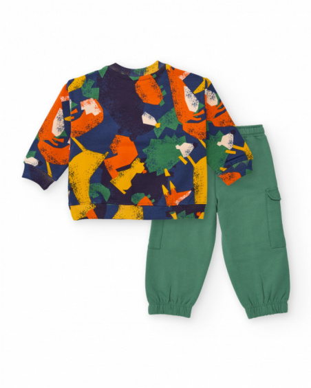 Boys' set with multicolor sweatshirt and green jogger pants.