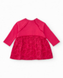 Girls' fuchsia knit dress with heart design and printed skirt. Girls' fuchsia knit dress with heart design and printed skirt.