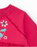 Girls' fuchsia knit dress with heart design and printed skirt. Girls' fuchsia knit dress with heart design and printed skirt.