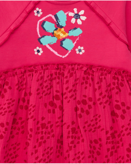Girls' fuchsia knit dress with heart design and printed skirt. Girls' fuchsia knit dress with heart design and printed skirt.