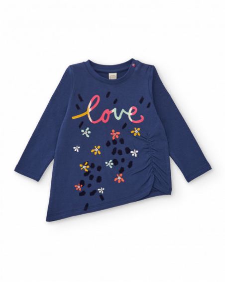 Jersey T-shirt for baby girl in navy blue with front print and side ruching Jersey T-shirt for baby girl in navy blue with front print and side ruching