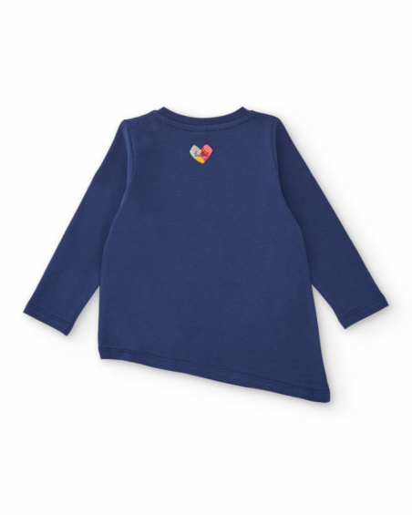 Jersey T-shirt for baby girl in navy blue with front print and side ruching Jersey T-shirt for baby girl in navy blue with front print and side ruching