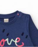 Jersey T-shirt for baby girl in navy blue with front print and side ruching Jersey T-shirt for baby girl in navy blue with front print and side ruching