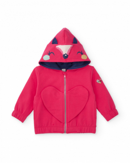 Girls' pink sweatshirt with animal hood and heart design. Girls' pink sweatshirt with animal hood and heart design.