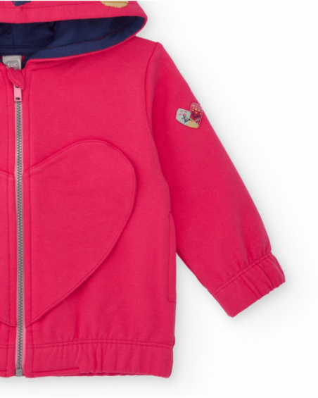 Girls' pink sweatshirt with animal hood and heart design. Girls' pink sweatshirt with animal hood and heart design.