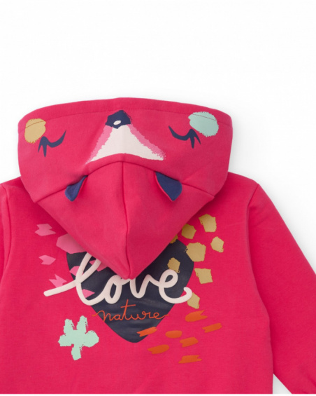 Girls' pink sweatshirt with animal hood and heart design. Girls' pink sweatshirt with animal hood and heart design.