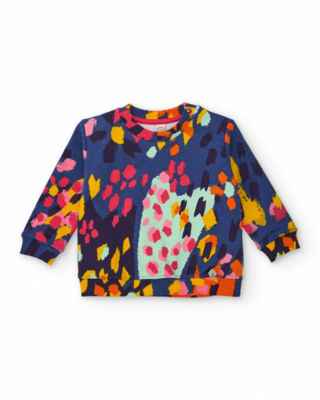 Girls' navy blue knit sweatshirt with multicolor spot print. Girls' navy blue knit sweatshirt with multicolor spot print.