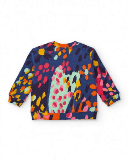 Girls' navy blue knit sweatshirt with multicolor spot print. Girls' navy blue knit sweatshirt with multicolor spot print.