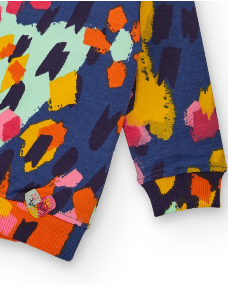 Girls' navy blue knit sweatshirt with multicolor spot print. Girls' navy blue knit sweatshirt with multicolor spot print.