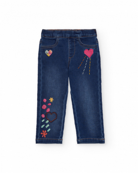 Girls' denim jeggings with heart and flower embroidery. Girls' denim jeggings with heart and flower embroidery.