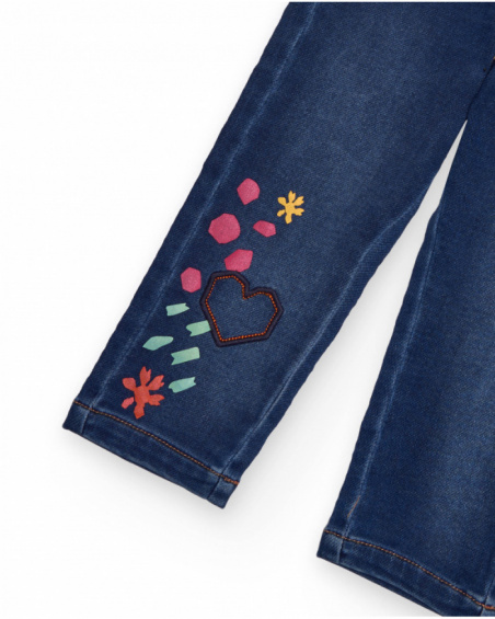 Girls' denim jeggings with heart and flower embroidery. Girls' denim jeggings with heart and flower embroidery.