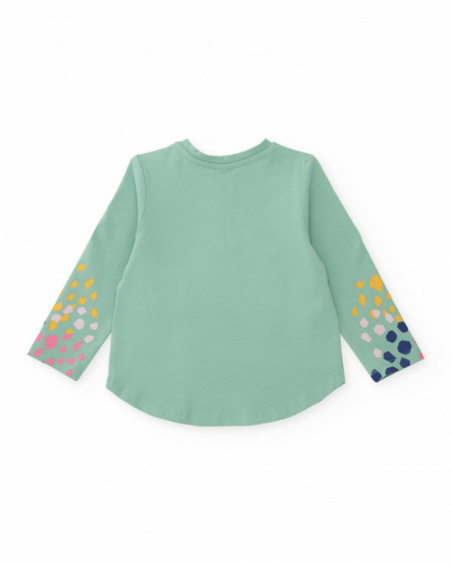 Girls' mint green long-sleeve T-shirt with animal face design.
