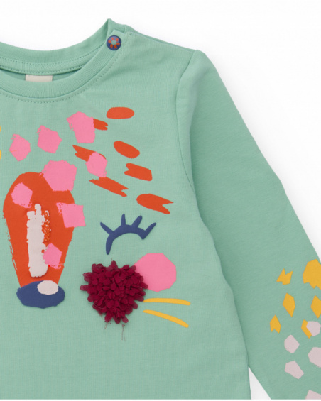 Girls' mint green long-sleeve T-shirt with animal face design.