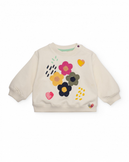 Girls' cream sweatshirt with flower and heart print. Girls' cream sweatshirt with flower and heart print.