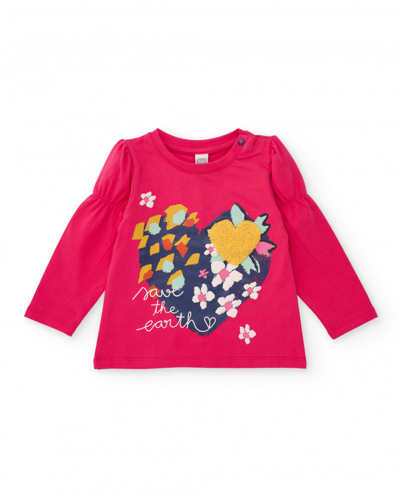 Girls' fuchsia knit T-shirt with heart print and "Save the Earth" message.