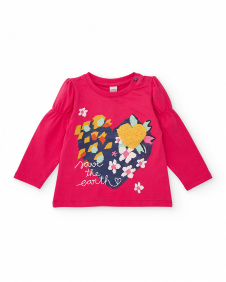 Girls' fuchsia knit T-shirt with heart print and "Save the Earth" message. Girls' fuchsia knit T-shirt with heart print and "Save the Earth" message.