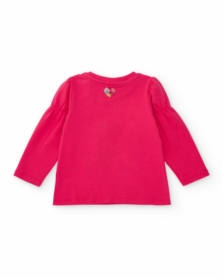Girls' fuchsia knit T-shirt with heart print and "Save the Earth" message. Girls' fuchsia knit T-shirt with heart print and "Save the Earth" message.