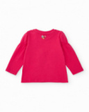 Girls' fuchsia knit T-shirt with heart print and "Save the Earth" message. Girls' fuchsia knit T-shirt with heart print and "Save the Earth" message.