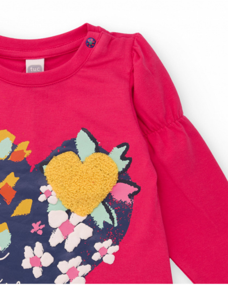 Girls' fuchsia knit T-shirt with heart print and "Save the Earth" message. Girls' fuchsia knit T-shirt with heart print and "Save the Earth" message.