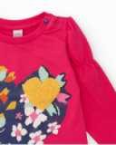 Girls' fuchsia knit T-shirt with heart print and "Save the Earth" message. Girls' fuchsia knit T-shirt with heart print and "Save the Earth" message.