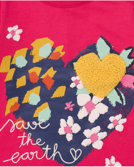 Girls' fuchsia knit T-shirt with heart print and "Save the Earth" message. Girls' fuchsia knit T-shirt with heart print and "Save the Earth" message.
