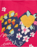 Girls' fuchsia knit T-shirt with heart print and "Save the Earth" message. Girls' fuchsia knit T-shirt with heart print and "Save the Earth" message.