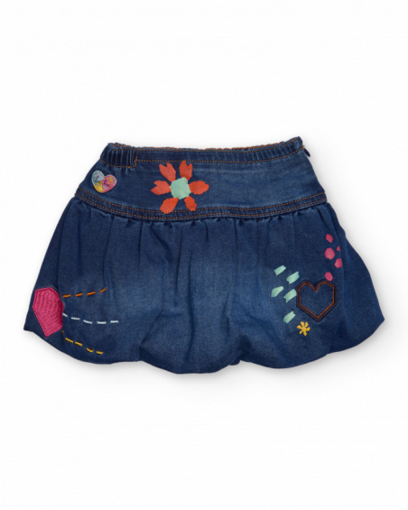 Girls' denim skirt with colorful flower and heart prints. Girls' denim skirt with colorful flower and heart prints.