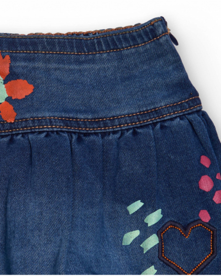 Girls' denim skirt with colorful flower and heart prints. Girls' denim skirt with colorful flower and heart prints.