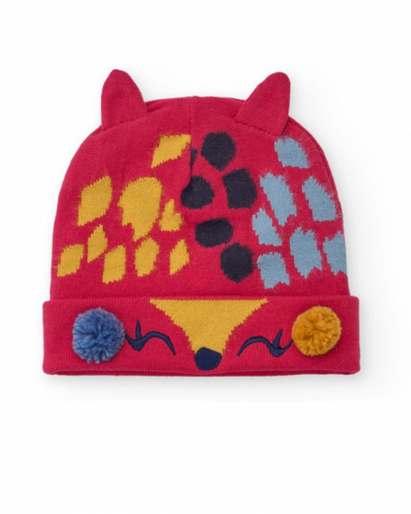 Hat for girl in red with ears and multicolored print Hat for girl in red with ears and multicolored print