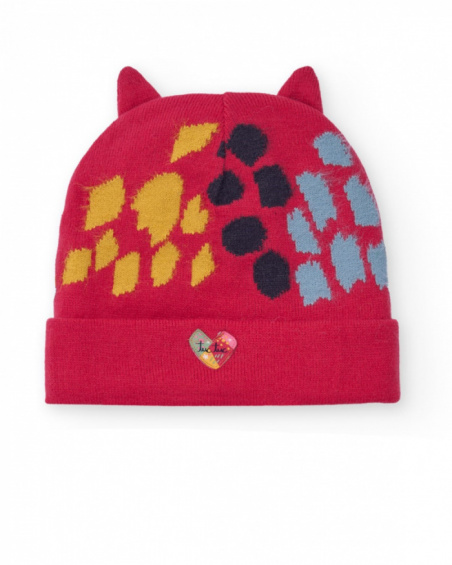 Hat for girl in red with ears and multicolored print Hat for girl in red with ears and multicolored print