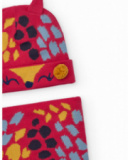 Hat and neck warmer set for girl in red with multicolored print and ears Hat and neck warmer set for girl in red with multicolored print and ears