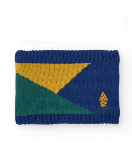 Neck warmer for boy in blue, mustard and green with geometric design