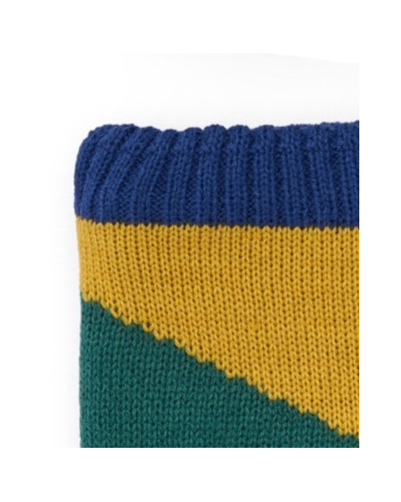 Neck warmer for boy in blue, mustard and green with geometric design