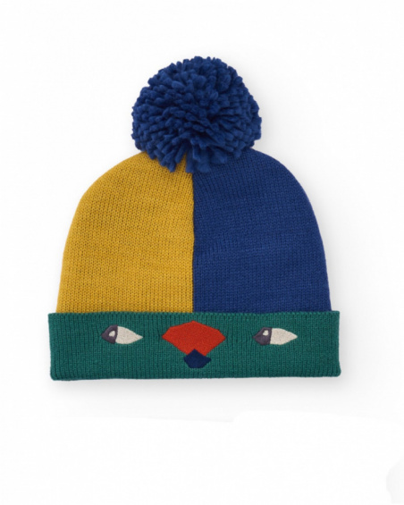 Hat for boy in blue, mustard and green color blocks with pom-pom