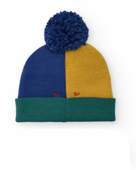 Hat for boy in blue, mustard and green color blocks with pom-pom