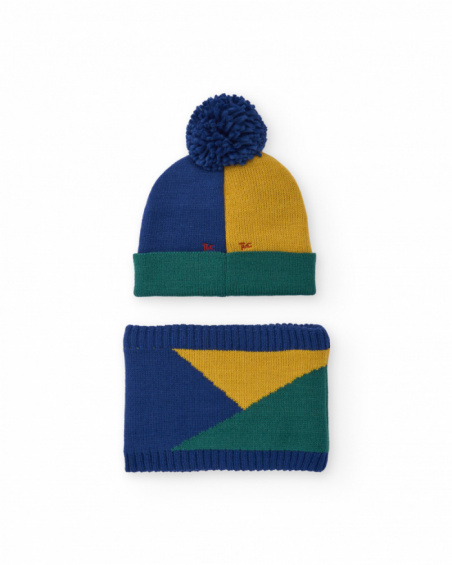 Hat and neck warmer set for boy in color blocks with pom-pom