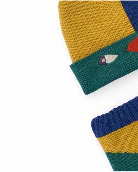 Hat and neck warmer set for boy in color blocks with pom-pom
