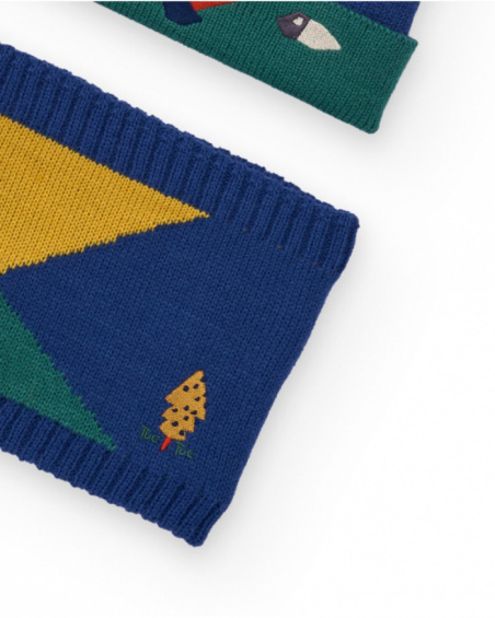 Hat and neck warmer set for boy in color blocks with pom-pom