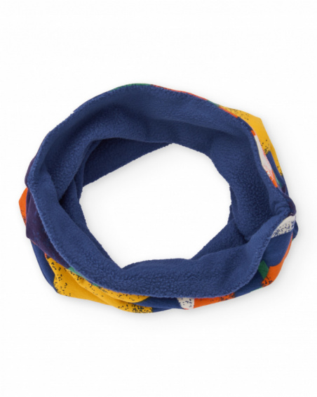 Neck warmer for boy in navy blue with multicolored dinosaur print