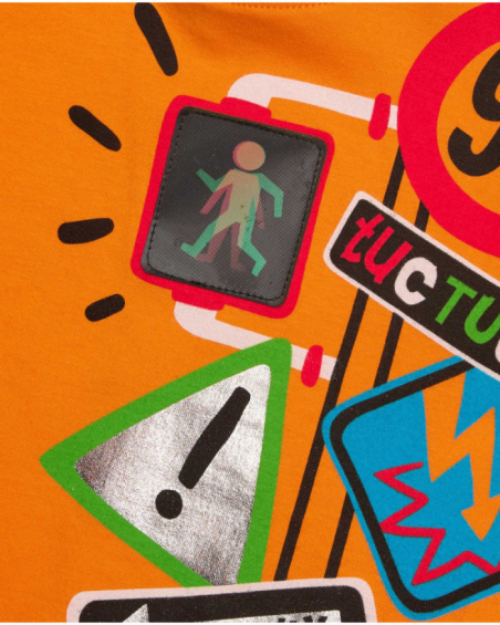 Long sleeve T-shirt for boy in orange with traffic sign print